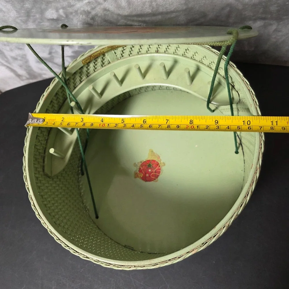 Princess 1950's Vintage Wicker Round Sewing Basket Lid Green Fair Retro Grandma